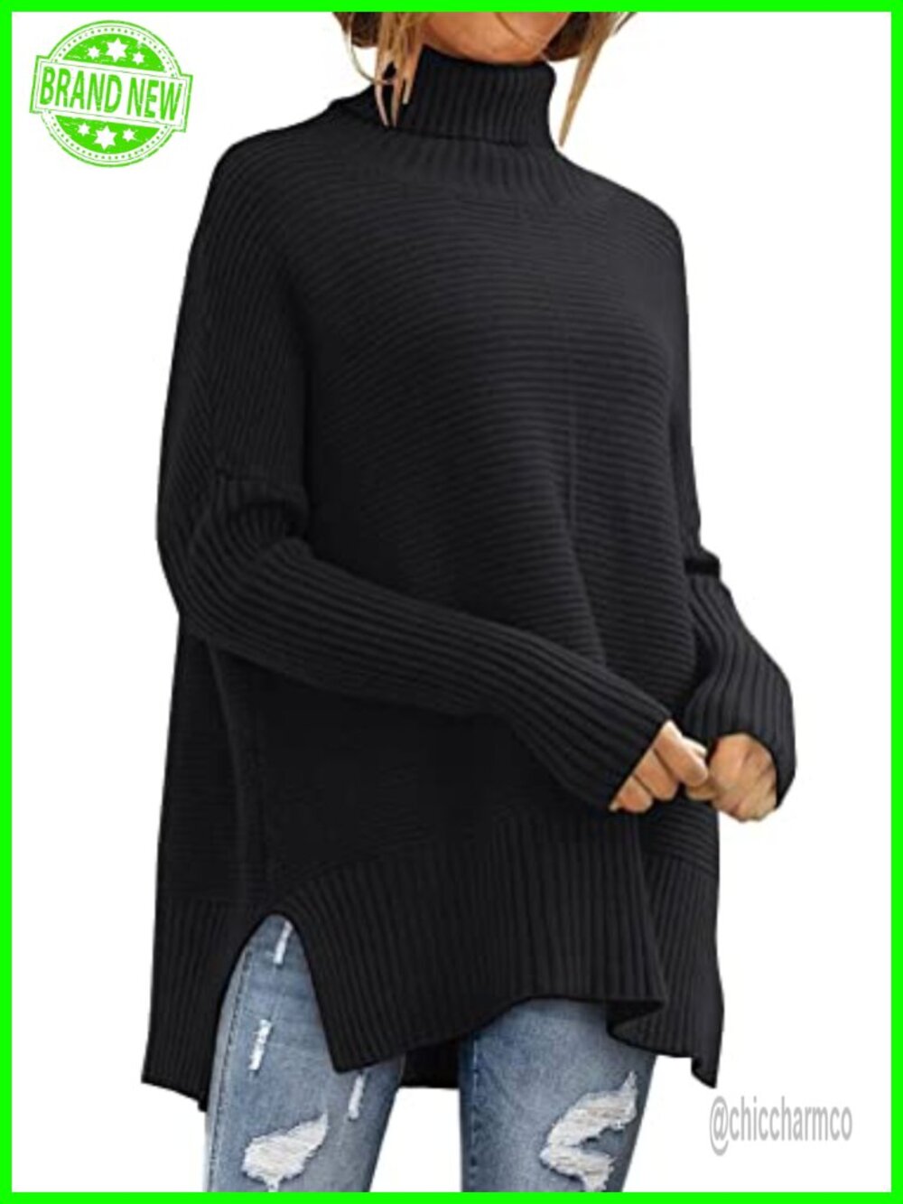 Oversized Turtleneck Sweater Long Pullover Tunic High Low Hem Side Slits